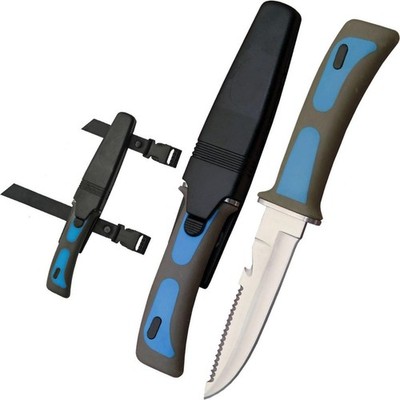 Diving Knife | Rite Edge 4in Stainless Steel Blade Blue/Gray Rubber + Sheath