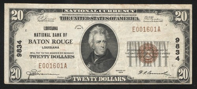 #ad 1929 $20 Baton Rouge LA National Bank Note East Baton Rouge County 1601 $275.00