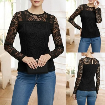 Damen Elegant Spitze Oberteile Langarm T-Shirt Bluse Slim Fit Party Top Clubwear
