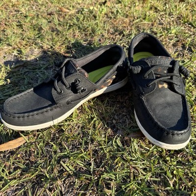 Sperry Boat Shoes Women s Size 6 Black Leopard Canvas Leather Lace Up EUC