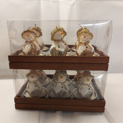 2 X Set Of 6 Snowmen Christmas Tea Light Candles In Wooden Tray. (12