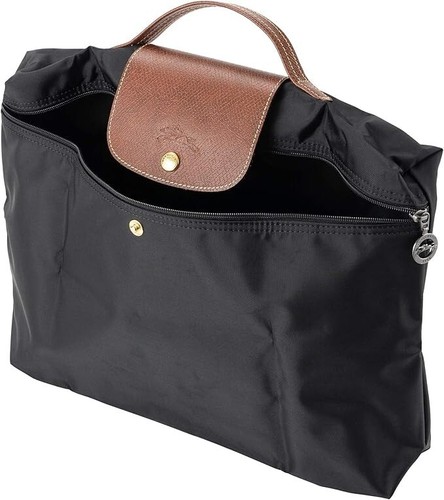 SALE Longchamp Briefcase LE PLIAGE Foldable Nylon Leather Noir/Brown NEW - Picture 2 of 10