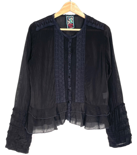 Johnny Was Knopfleiste Ösen Rüschen bestickt transparent Top Bluse schwarz, S