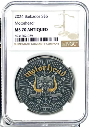 2024 Barbados $5 Motorhead 1 oz .999 Silver Coin - NGC MS 70 Antiqued
