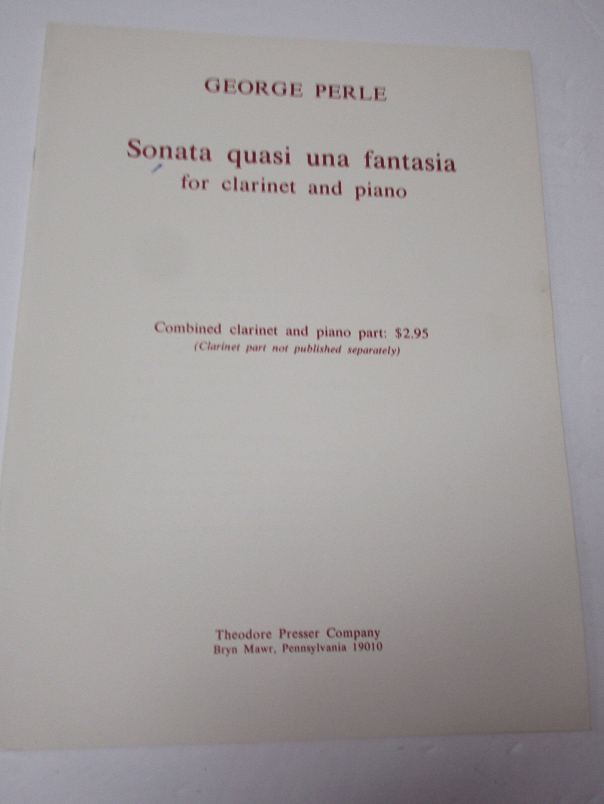 George Perle Sonata Quasi Una Fantasia per Clarinetto e Pianoforte Partiture