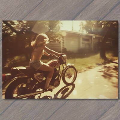 POSTCARD Young Girl On Motorcycle Cute Beautiful 70s Vibe Photo Funny 1970s