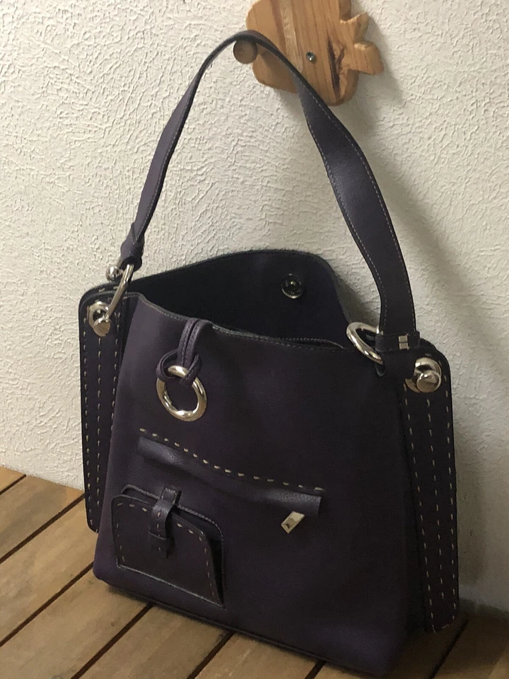 Womens Fashion Hobo Bag Shoulder Purse Faux Leather Purple Handbag Stitches EUC  - Image 2 of 4