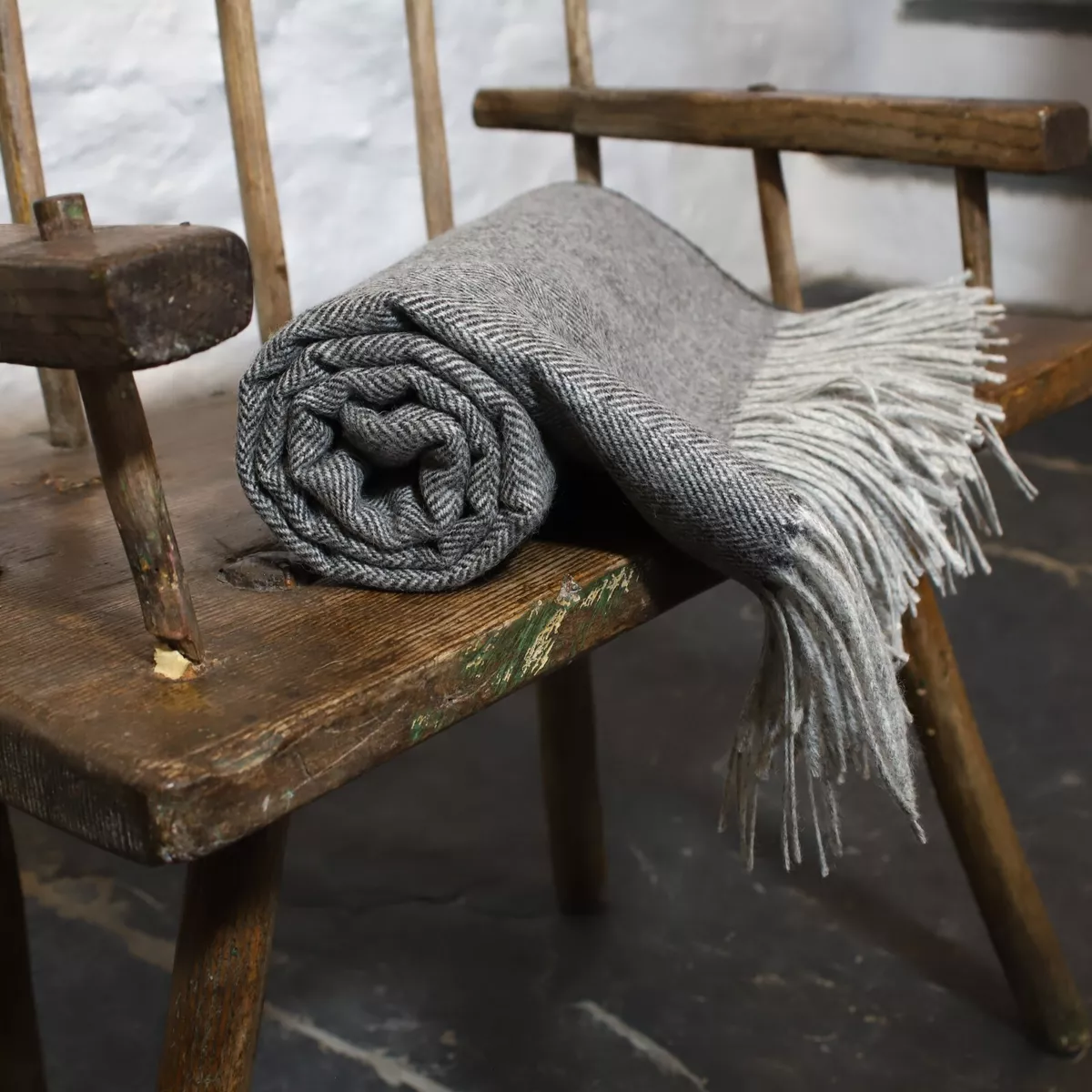 Dark Grey Herringbone 100 Wool British Made Tweed Fabric Blanket Throw