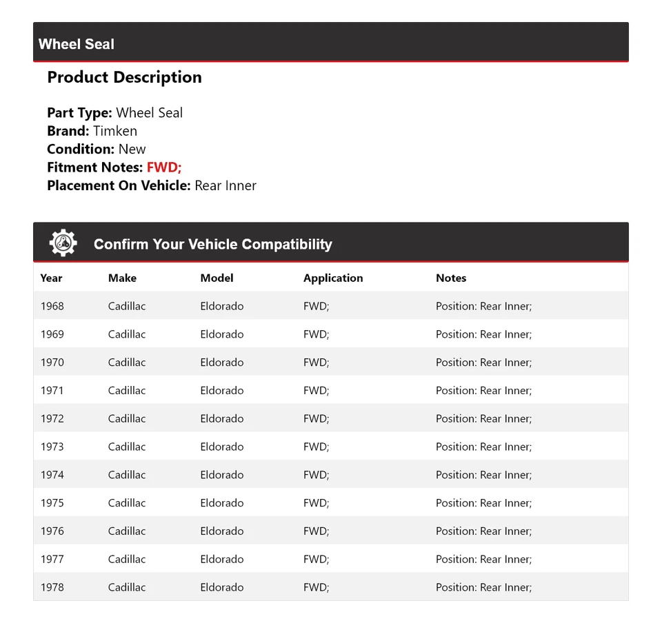 Sello de rueda interior trasero Timken 1969 1970 1971 para Cadillac Eldorado 1968-1978 tracción delantera Foto 2 de 4