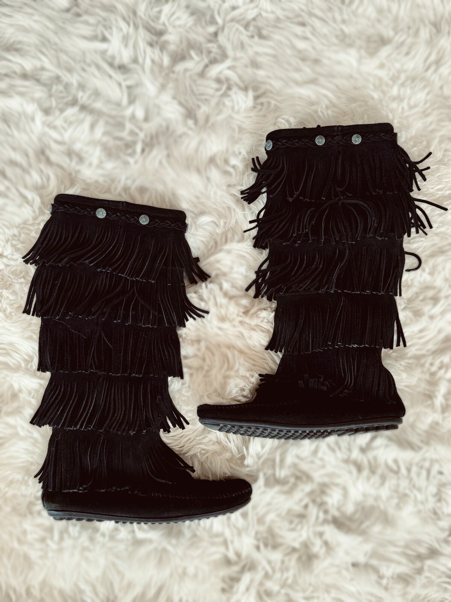 Minnetonka Women's Black Suede Tiered Fringe Moccasin Side Zip Boots Size