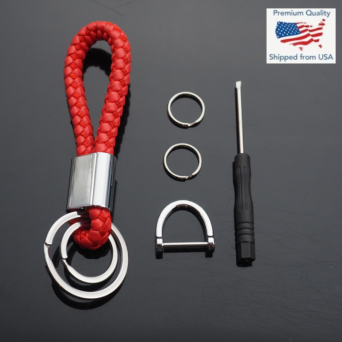 Red Leather Loop Rope Car Keychain Dual Split Ring w/ Fob U D