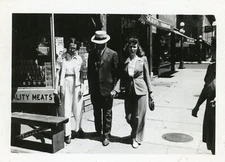 Street Scene Man Fedora Woman Hardware Store Quality Meats Sign VTG Snapshot