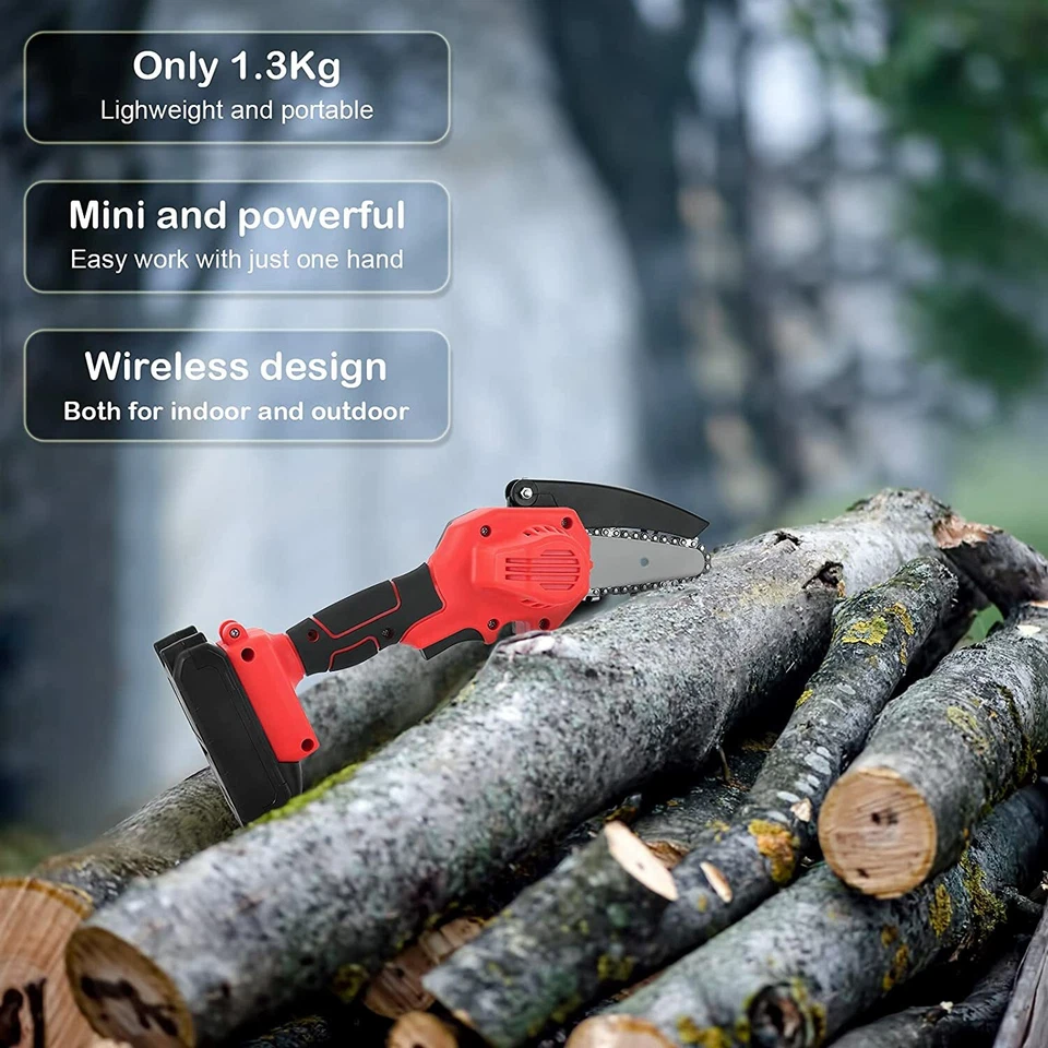 Mini motosierra eléctrica de 4" 24V cortadora de madera inalámbrica de mano con 2 baterías 2 cadenas Foto 4 de 4