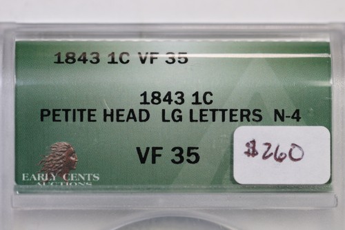 1843 N-4 R-1 ANACS VF 35 Petite Head Lg Letters Braided Hair Large Cent Coin 1c - 第 3/3 張圖片