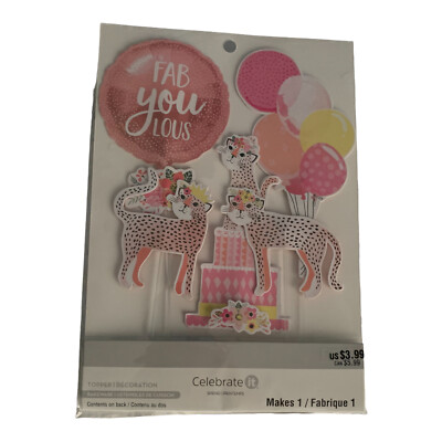 Cheetah Cat Cake Topper 5 Piece ''Fab You Lous'' Birthday Party Balloons Pink 9591