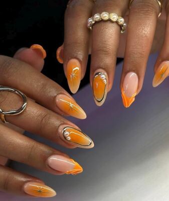 Custome Bold Orange Press On Nails, 3D Gel Art & Chrome Accents, Gift Set