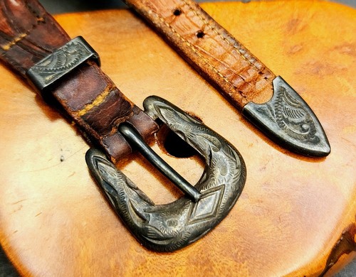 Rare Vintage Sterling Silver & Leather Antique Western 14mm Watch Band & Buckle - Picture 2 of 3