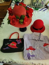 RED HAT SOCIETY 2 HATS, STRIPED SHIRT & PURSE LOT W/ HAT STAND & STYROFOAM HEAD