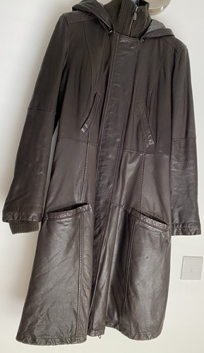 Armani Jeans Cappotto Imbottito Pelle Marrone Cappuccio Staccabile ZipTasche EUR42 UK10 Nuovo
