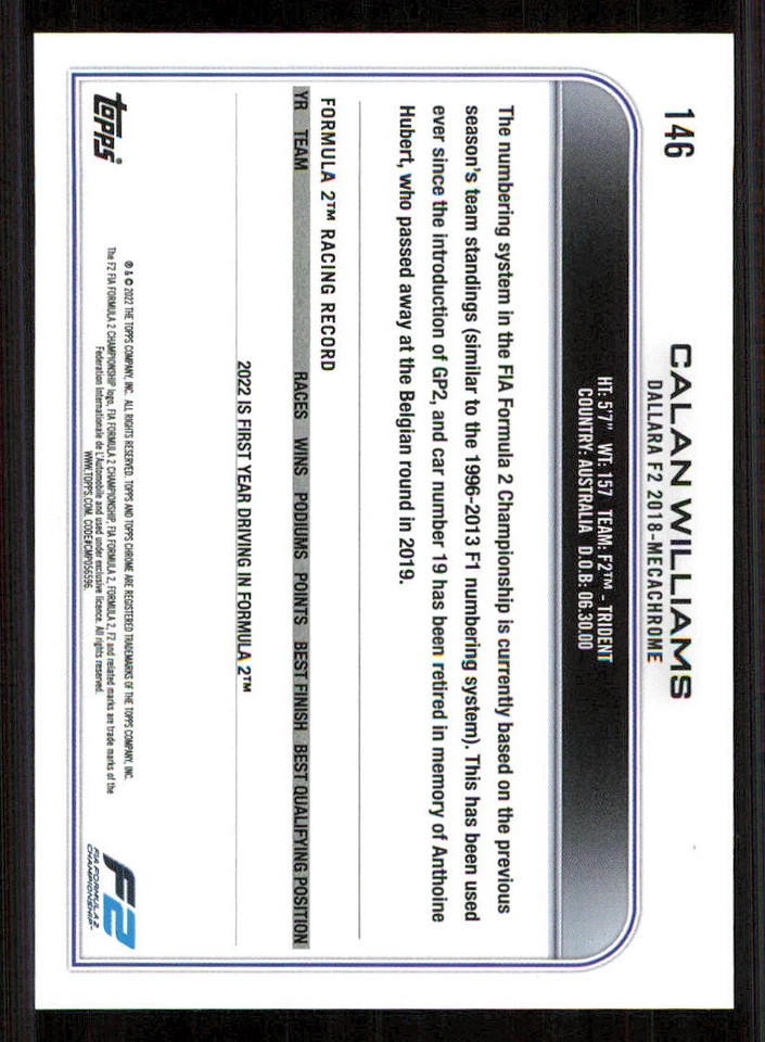 2022 Topps Chrome Formula 1 #146 Calan Williams CAR - Image 2 of 2