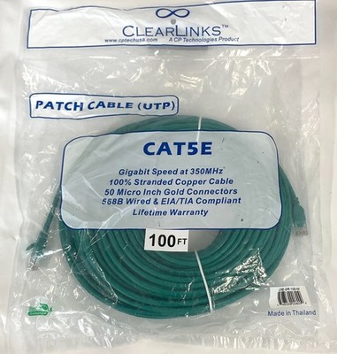 Clearlinks C5E-GR-100-M 100' CAT5E 350Mhz Green Molded Booted Patch Cable UTP