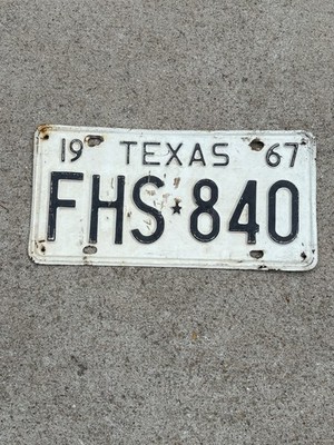 Vintage 1967 Texas License Plate Tag #FHS 840 White Black
