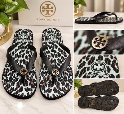 NEW Tory Burch Leopard Print Flip Flops Sandals Black Gold Logo Size 7