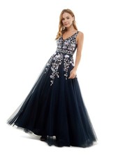SAY YES TO THE Womens Dress Navy Sleeveless Formal V Back Tulle Lined Juniors 1