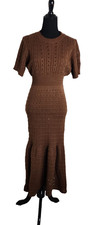 Brown Knit Short Sleeve Long Sweater Dress Crochet Fit & Flare Maxi Size M