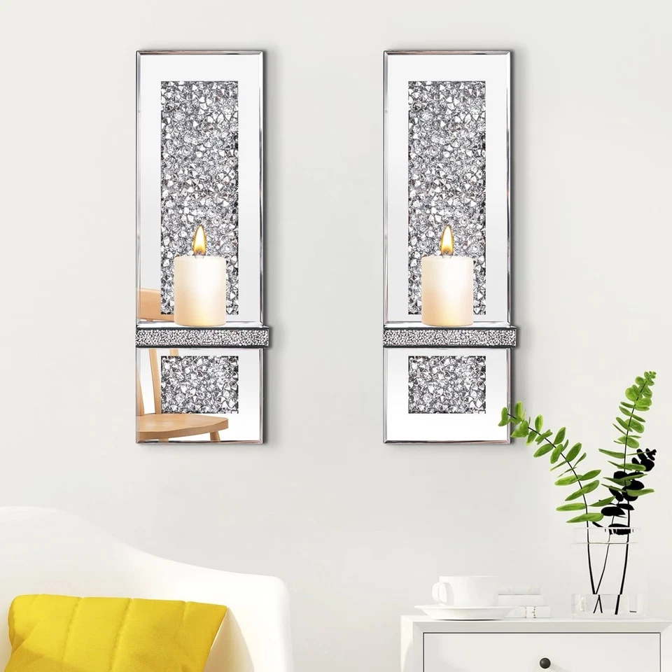 SERENA'S Silver Mirrored Wall Mount Candle Sconce W/Scattered Diamond - Set of 2 - Image 2 of 4