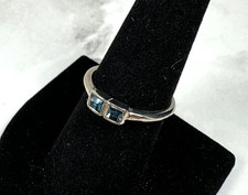 Sterling Silver Delicate Ring with Two Deep Blue Faceted Square CZs - Size 9