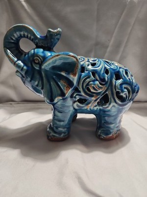 Vintage Style Glazed Blue Elephant Figurine, Filigree Cut-Out Design