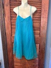 Vintage Turquoise Chiffon Nightgown Short Full Swing Nightie Large Babydoll