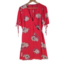 Tokito Dress Womens 12 Red Floral Wrap V Neck Short Puff Sleeve Mini 129800