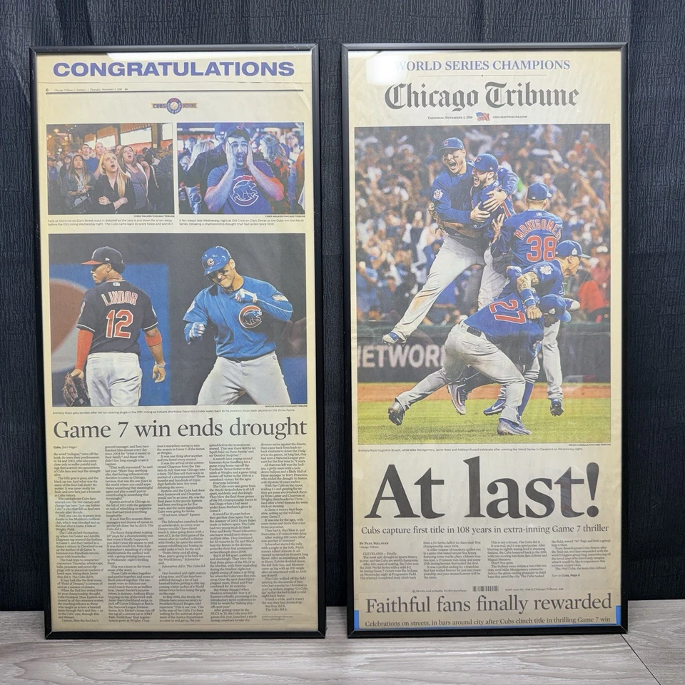 Impresiones de periódicos de la Serie Mundial de los Chicago Cubs 2016 enmarcadas el 3 de noviembre de 2016 Foto 2 de 4