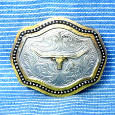 Cowboys Western Longhorn Steer Dress Belt Buckle Classic Scroll Vtg 90s .CPA517