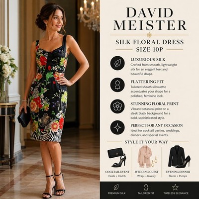 David Meister Silk Floral Dress Black Sleeveless 10P Designer Spring Wedding