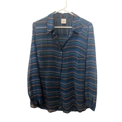 CAbi Navy & Teal Striped Button-Down Blouse