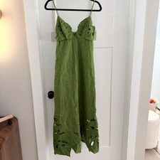 FARM Rio Monstera Leaf Embroidery Linen Midi Dress Green Cutout Sz M Boho Resort
