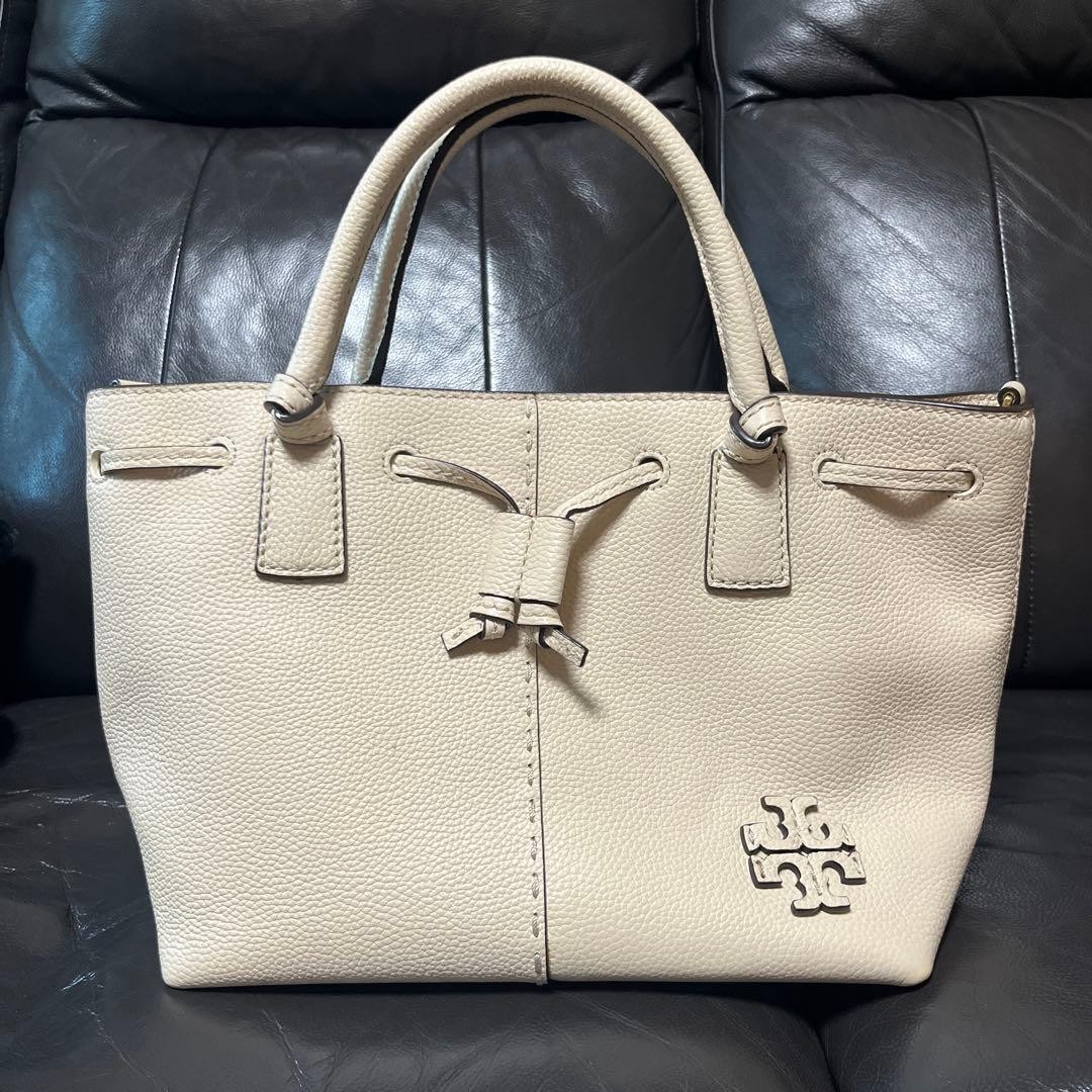 Tory Burch McGraw Drawstring Handbag Leather Ivory Women's From Japan thumbnail 10