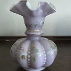 Fenton Charleton Collection 2002 Purple Hand Painted Signed Floral Glass Vase 8"