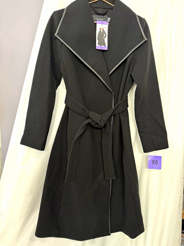 Tahari Women's XS Long Overcoat Black Water Resistant Snap Tie Belt 1894402