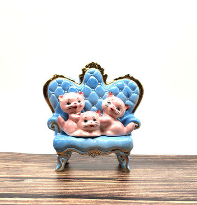 Bradley Originals Pampurred Kittens Sitting on Blue Couch Pink Cats Figurine