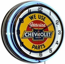 We Use Genuine Chevrolet Parts Sign 19" Blue Double Neon Clock Chevy