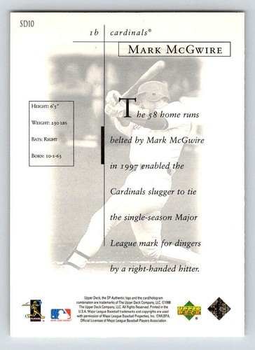 1998 SP Authentic Sheer Dominance #SD10 Mark McGwire (ref 191761) - Picture 2 of 2