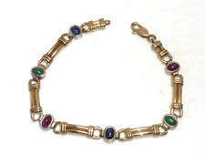 Vintage 9ct Yellow & White Gold Bracelet Cabochon Emerald Ruby Sapphire 11 Grams