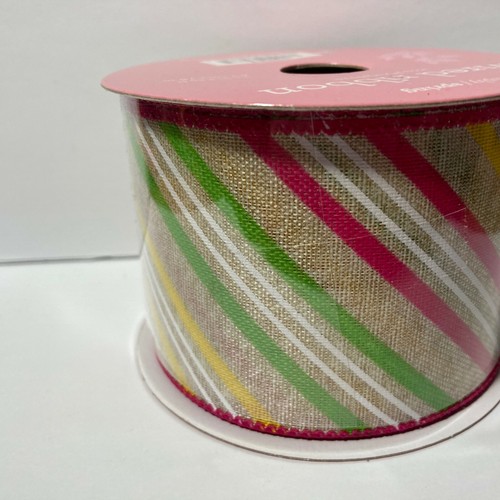 Simply Spring Wired Ribbon Stripe Pink White Green Yellow Tan 2.5" 25' Craft Bow - Picture 7 of 11