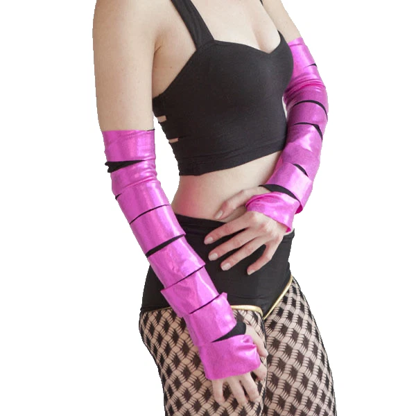 Cut Out Arm Warmers Pink Black Costume Gloves Sleeves Spandex Cyber Goth Rave
