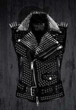 Handmade Men's Black Heavy-Duty Studded Leather Biker Vest with Zipper & Belt