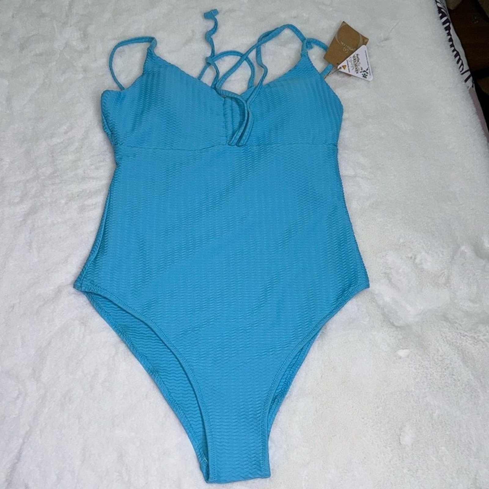 BERLOOK Womens Size Medium OMENSBlue Textured V Neck One-Piece Swimsuit image 4